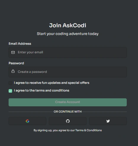 Sign Up on AskCodi
