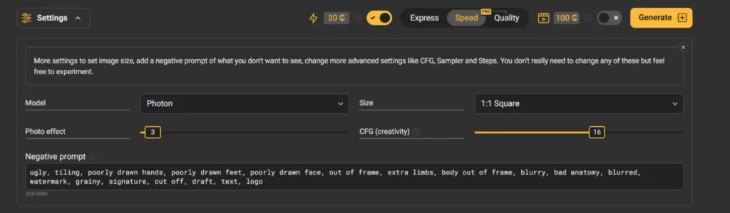 Pornworks AI Image Creation Settings