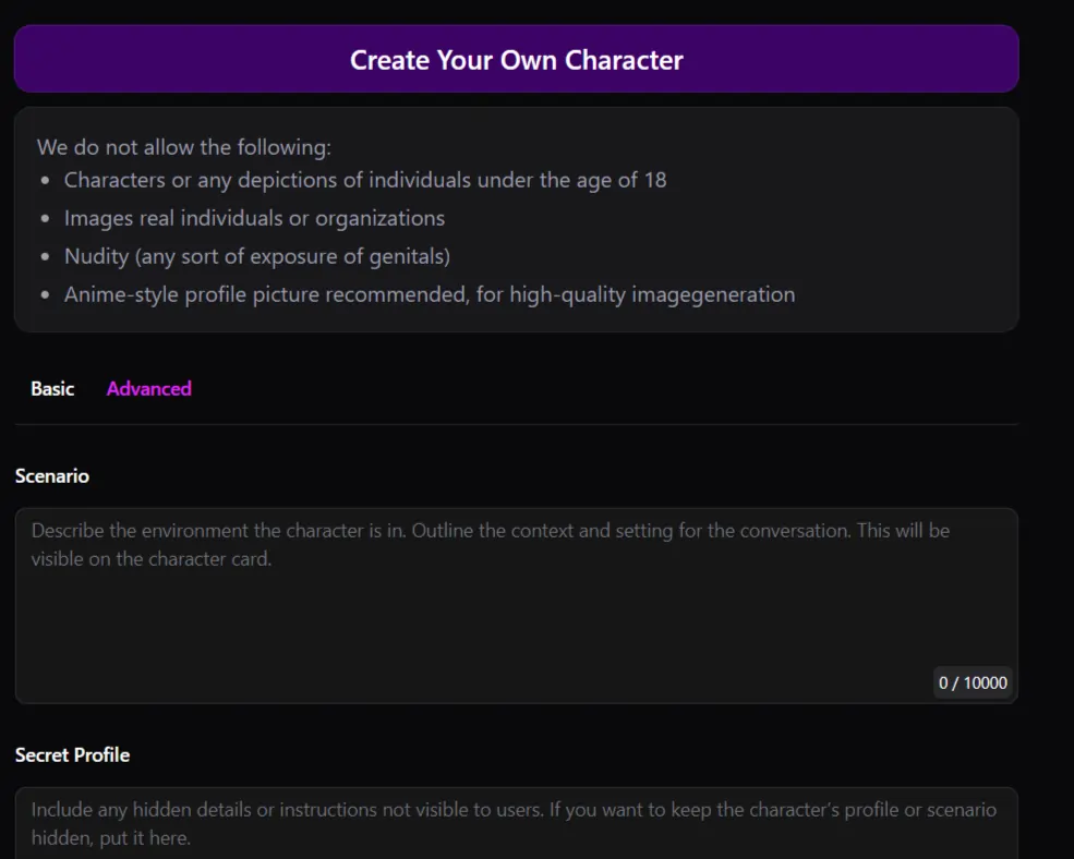 LoveChat AI Přizpůsobitelné profily a scénáře