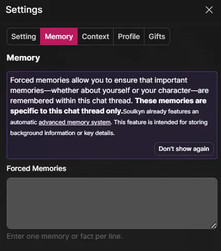 Soulkyn Advanced Memory and Forced Memories