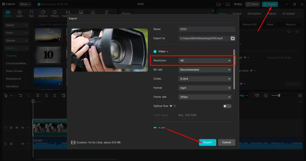 Capcut AI - Export AI Upscale Video
