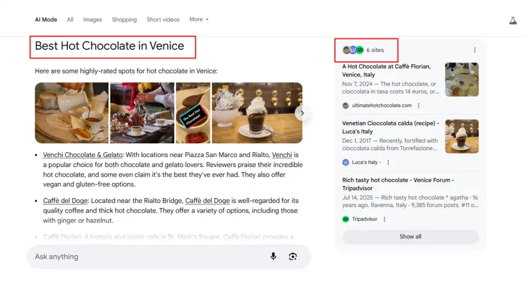 Google AI Mode Answer and citations for Top Cafes in Venice