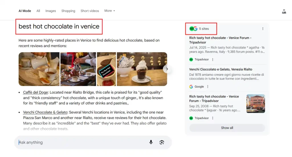 Google AI Mode Answer and citations for Top Cafes in Venice- 2nd output