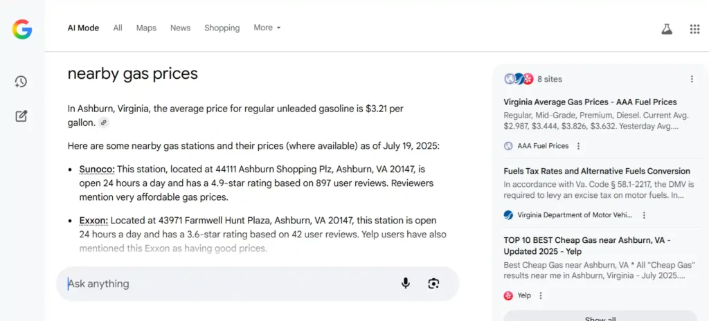 Google AI Mode Local Search, Real-Time Data