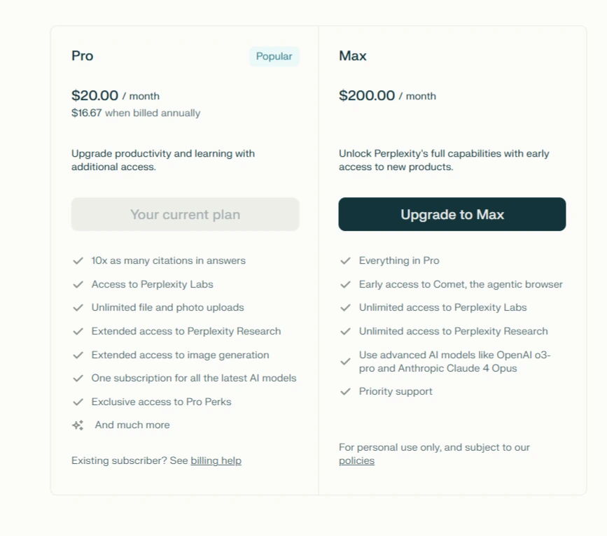 Perplexity Pricing- Pro and Max Plan
