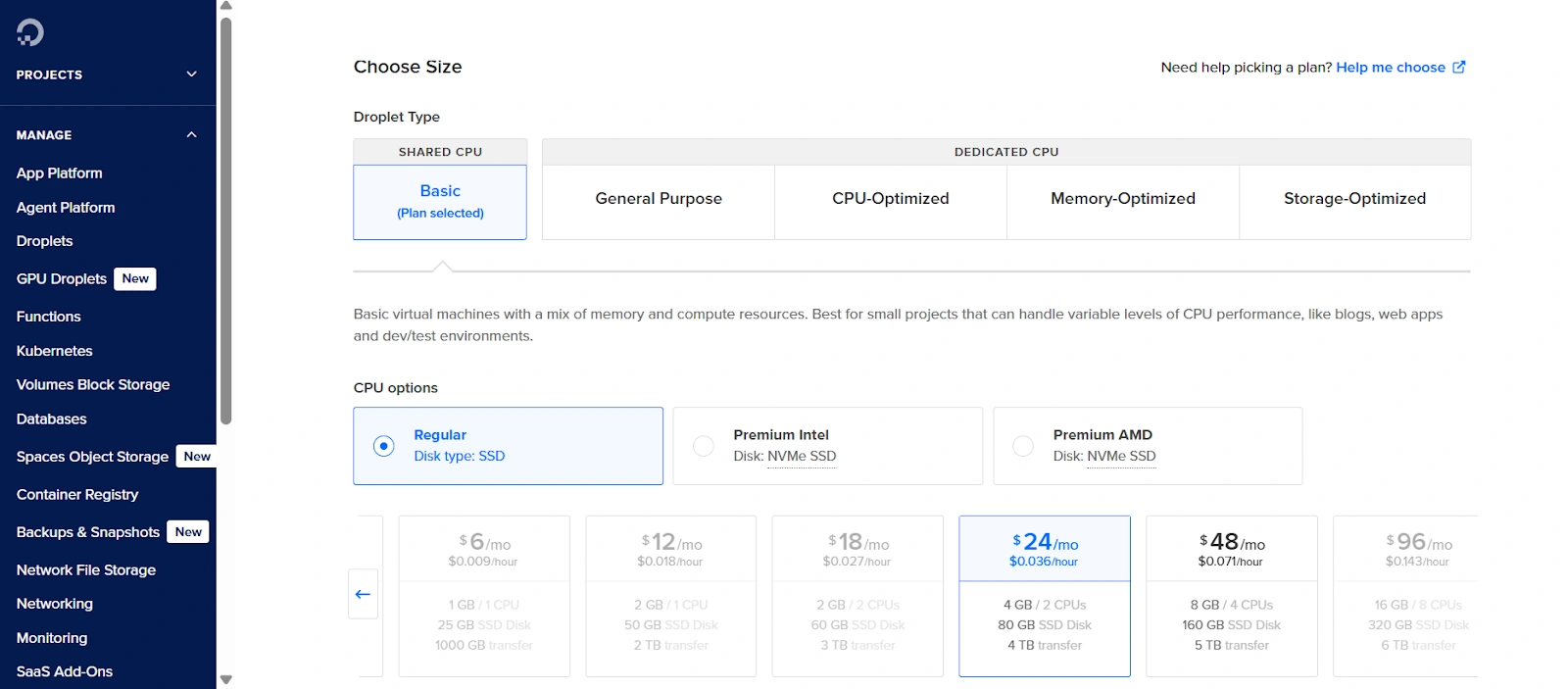 DigitalOcean Droplet- choosing pricing and size for CPU options