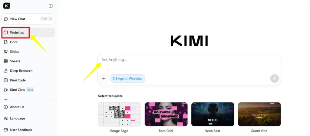 Kimi AI конструктор сайтов