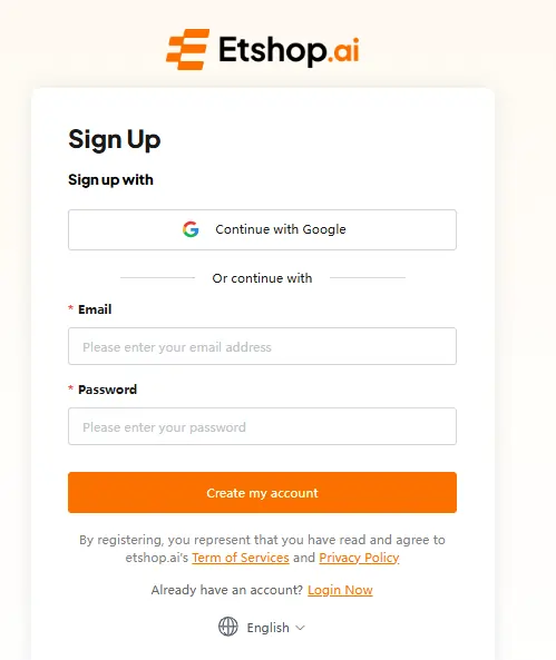 Sign Up on Etshop.ai