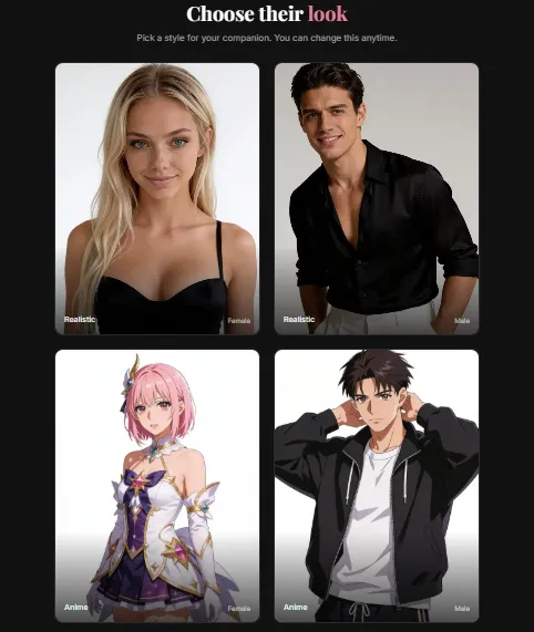 Kissable AI Choose companion type