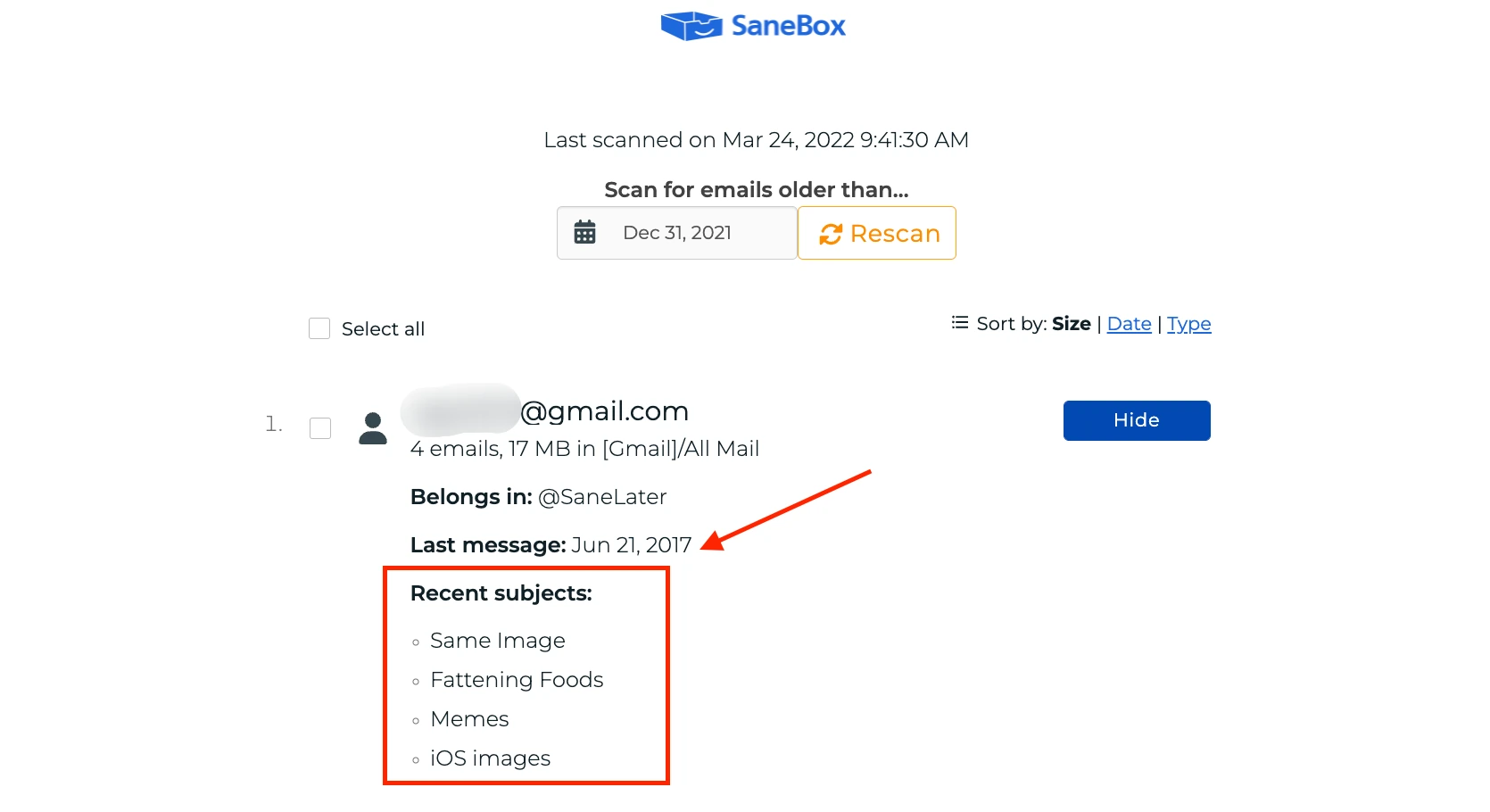 Curățare profundă a e-mailurilor SaneBox