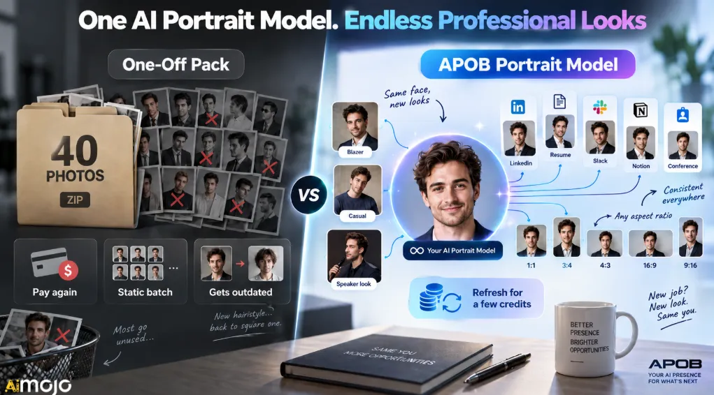 APOB AI portrait model vs 40-photo headshot pack comparison