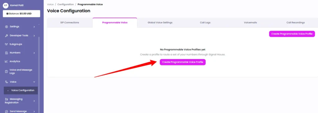 Setting up programmable voice profile in Signal House