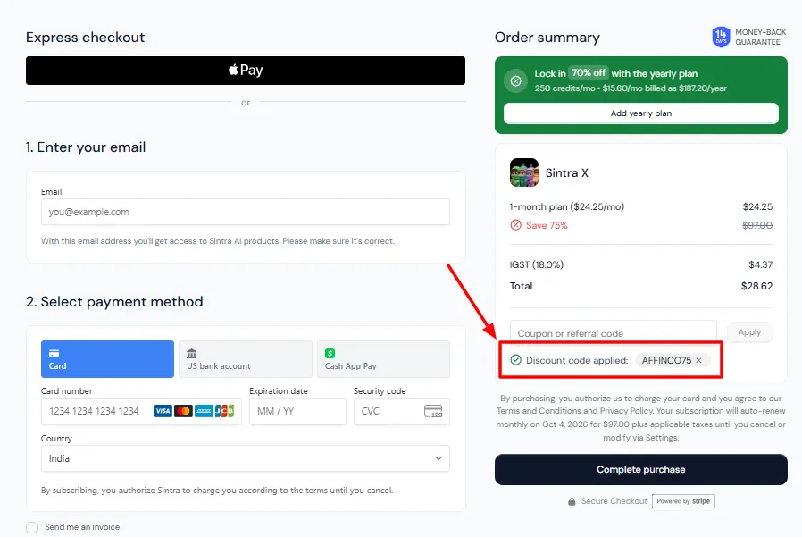 Apply Coupon code on Sintra AI
