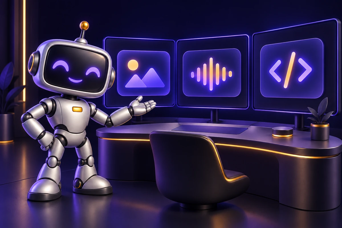 Mojo, the AI Mojo robot, presenting image, audio and coding tools on screens