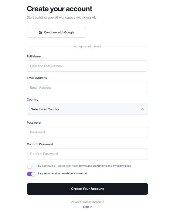 Create Your Account On Klyra AI