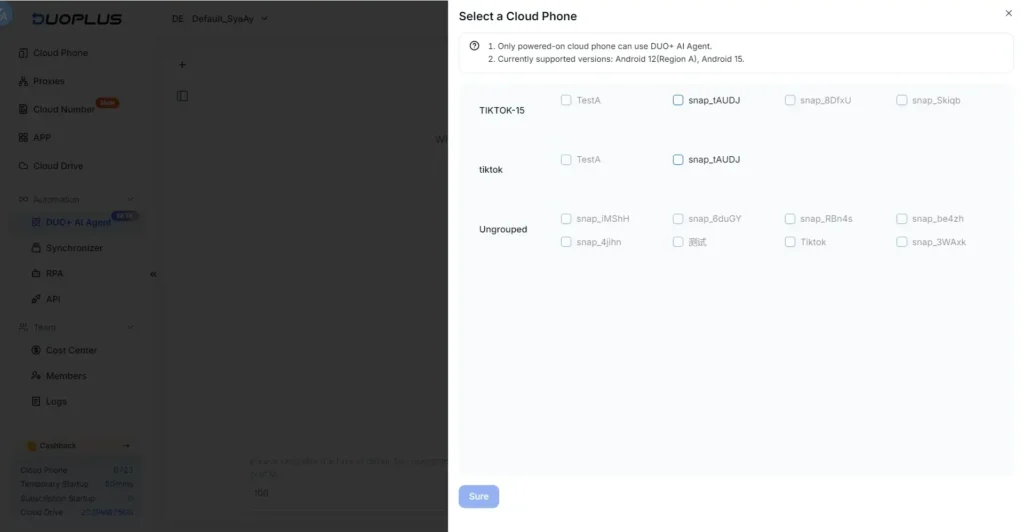 Duoplus Select one or many cloud phones Duo + AI Agent