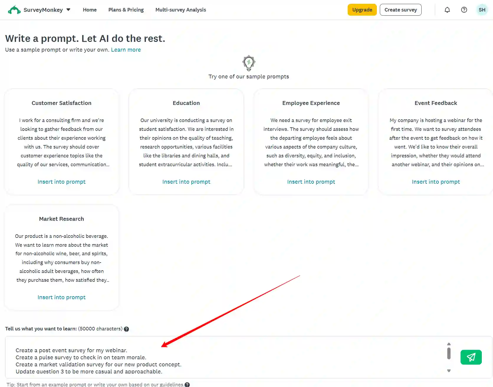 Write or pick a prompt in SurveyMonkey